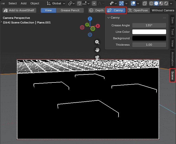 Canny toggle and the Scene tab with line color and background settings