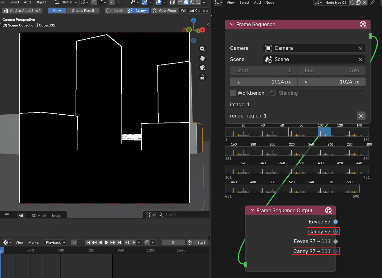 Canny toggle on the camera adds Canny sockets to the Frame Sequence Output node