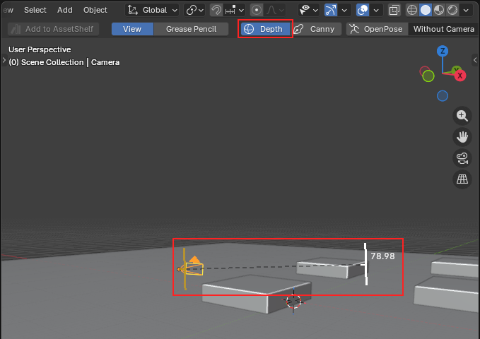 Depth toggle and the camera's yellow depth handles
