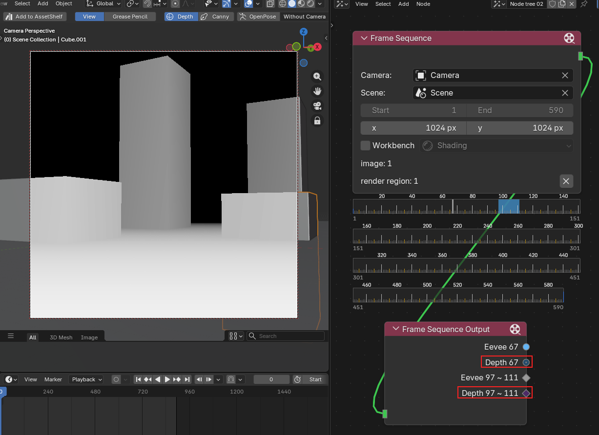 Depth toggle on the camera adds Depth sockets to the Frame Sequence Output node
