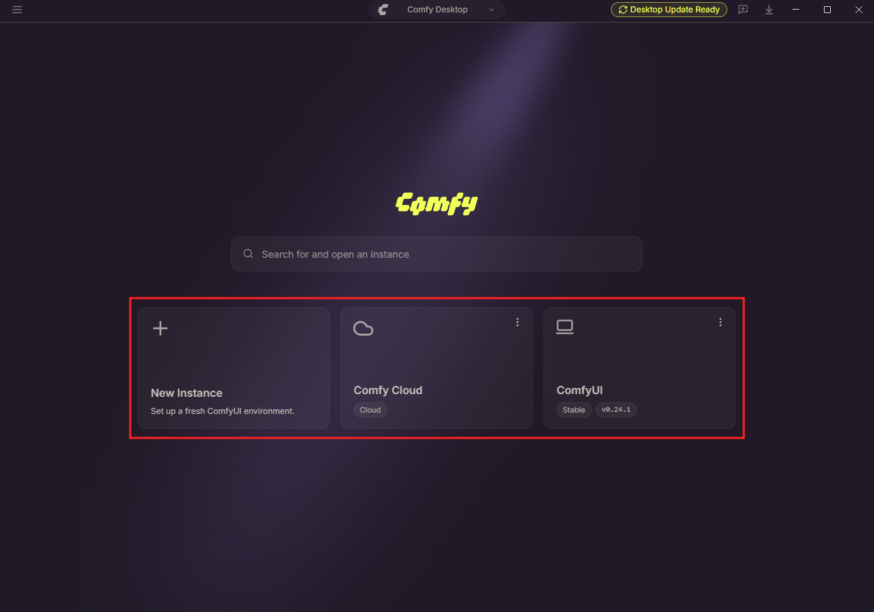 ComfyUI Desktop — instance selection