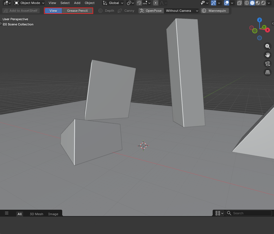 3D viewport with View and Grease Pencil mode toggle in the header
