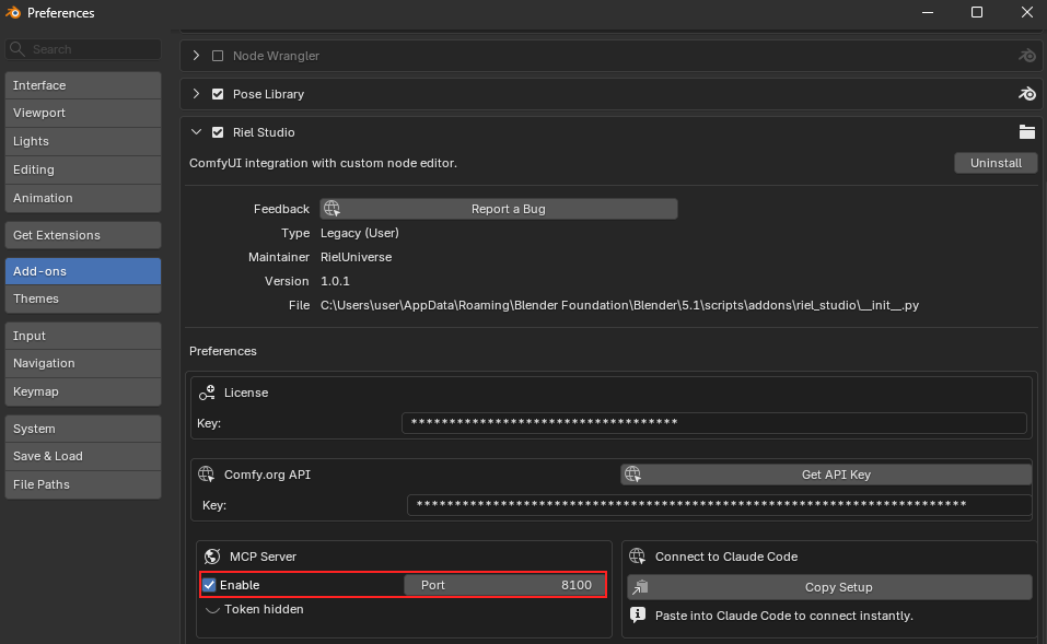 Preferences — MCP Server box with Enable checked and Port 8100