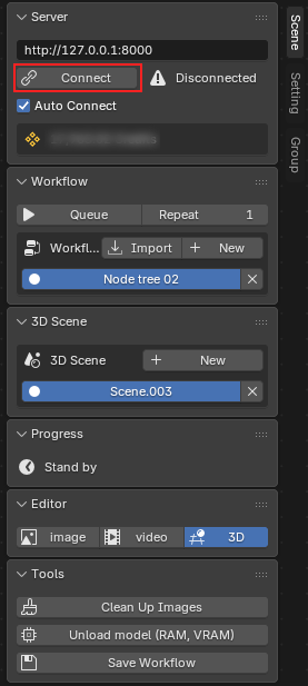 N-panel — Server tab with Connect button