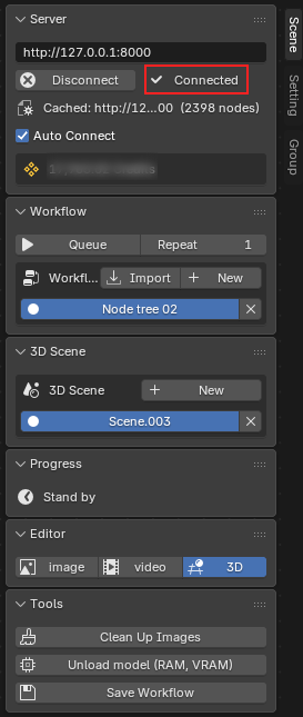 Server tab — Connected status