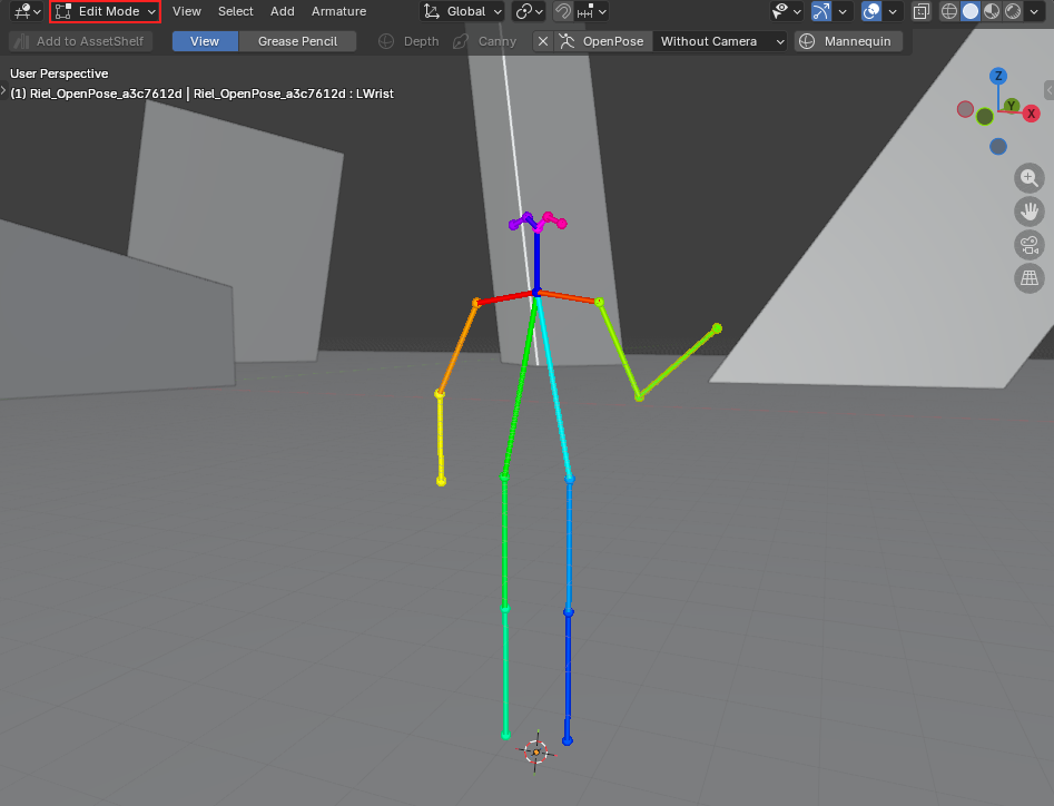 Edit Mode shows the rig bones, which you can select and drag